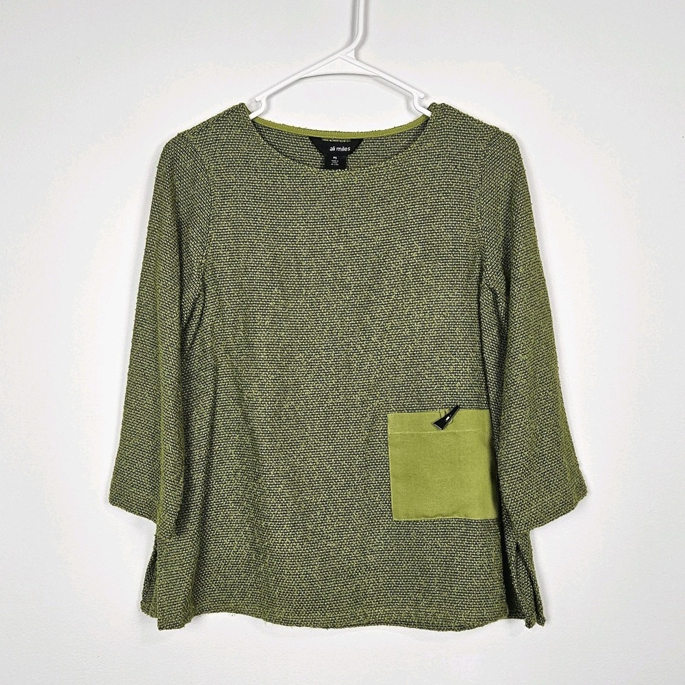 Ali Miles Top Sz PETITE S PS Textured Woven Toggle Pocket 3/4 Sleeve Tunic Green